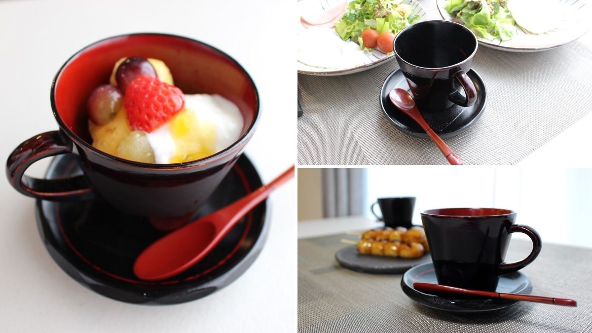 Yakumo-nuri cups with a simple design that matches both Japanese and Western styles.