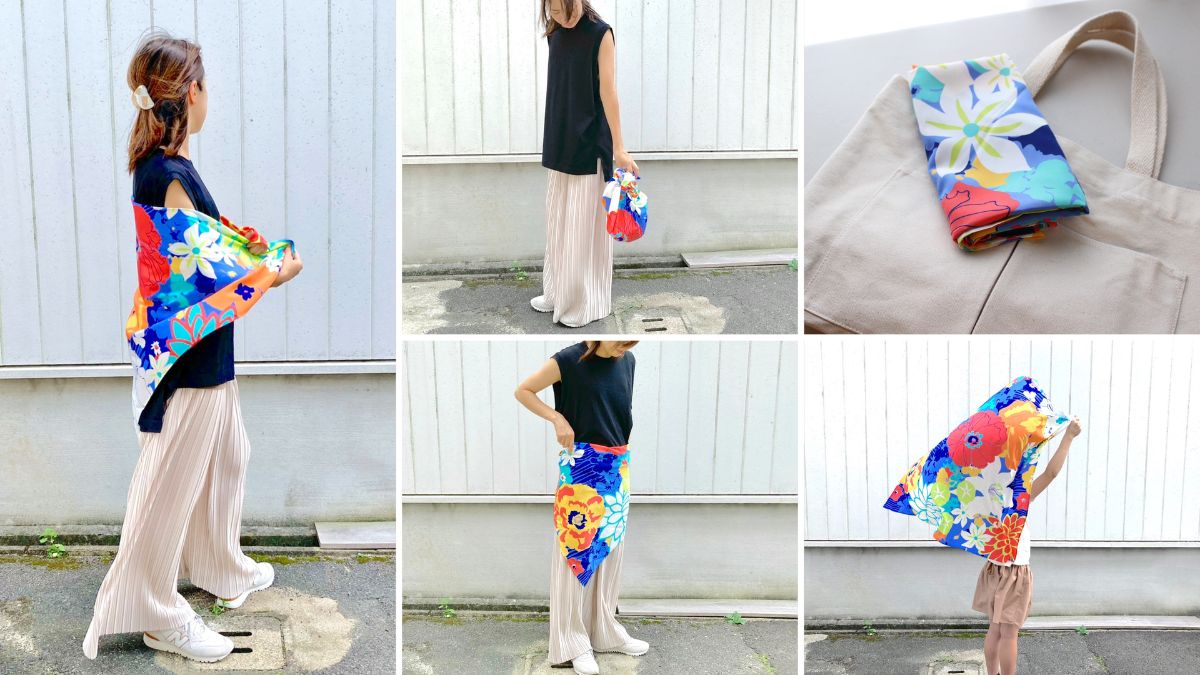 Furoshiki cloth that can be used as an umbrella in case of sudden rain and as an eco-bag for shopping