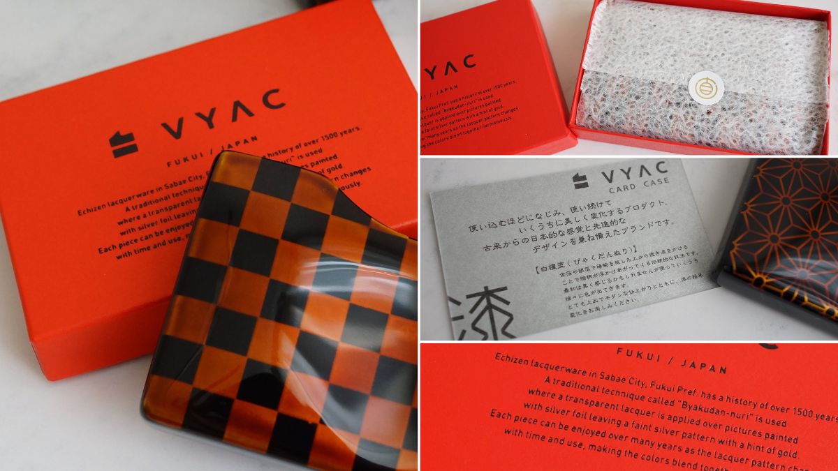 赤いギフトボックス入り、日本語・英語の説明も書かれた漆の名刺入れ・カードケース