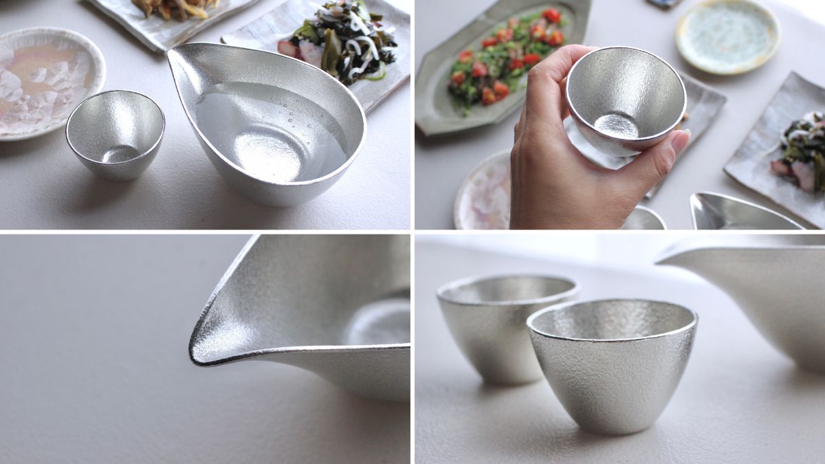 Tin sake cups for easy pouring