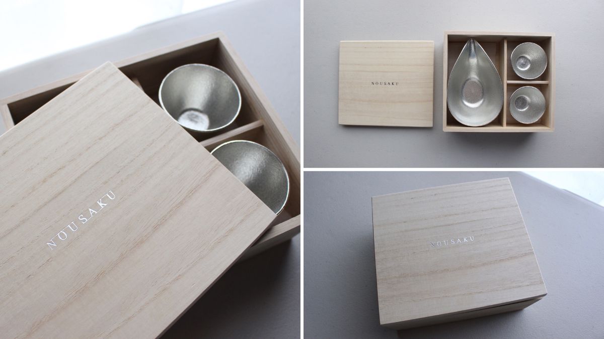 Luxury tin sake cup in a paulownia wood box