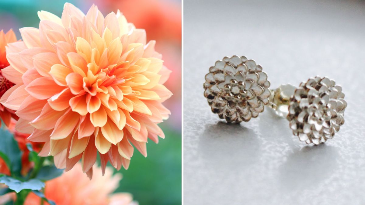 Tin earrings with a gorgeous dahlia motif and attractive expression.