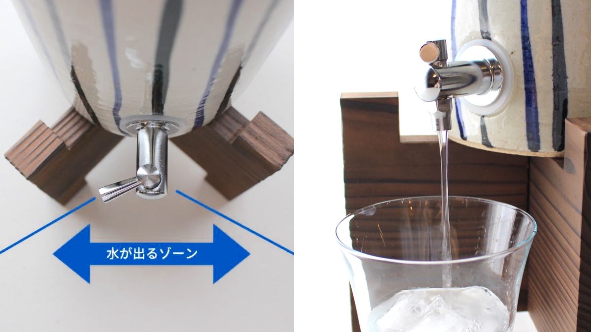 The lever is bi-directional and the flow rate is exquisite. Very easy-to-use Shigaraki-ware shochu server.