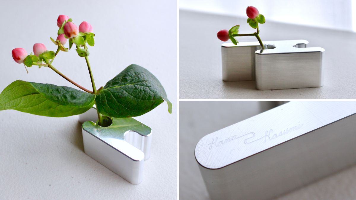 A single-flower vase made of aluminum with a simplicity that looks great with any plant.