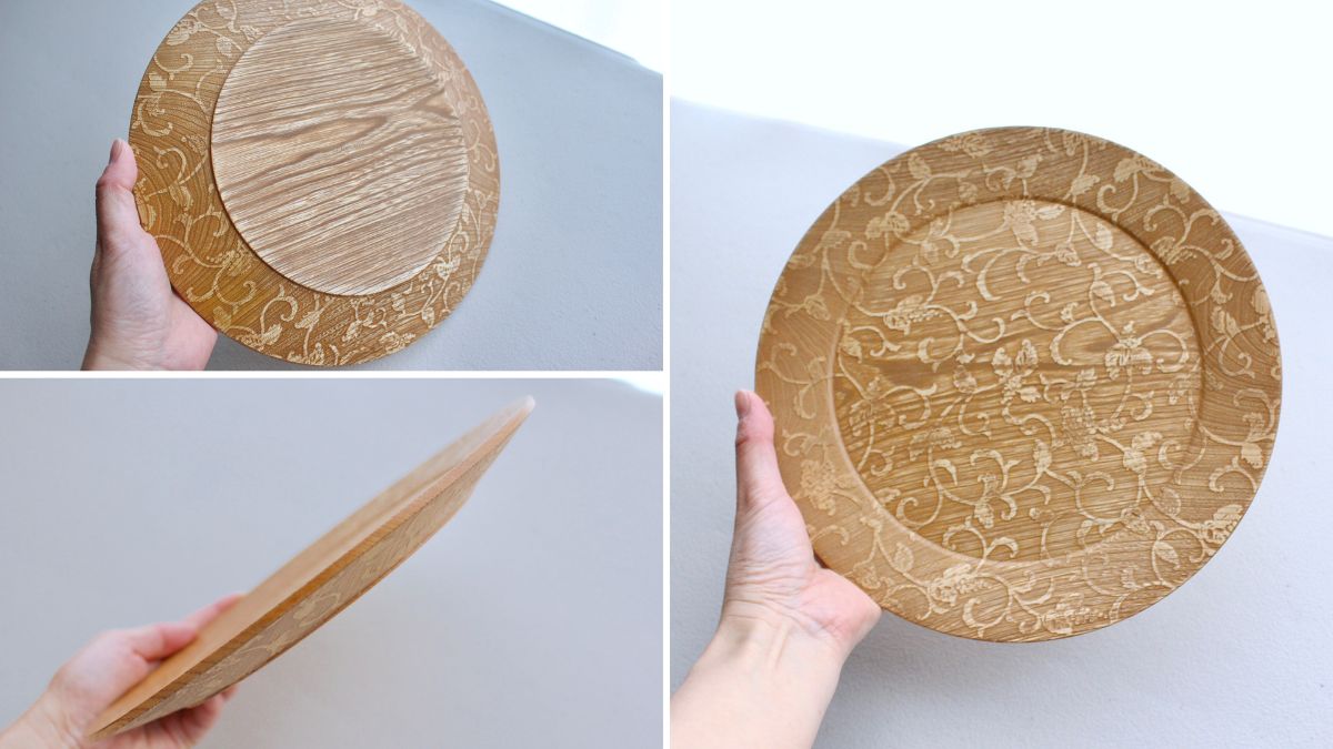 Wooden rimmed dish large enough and light enough to handle