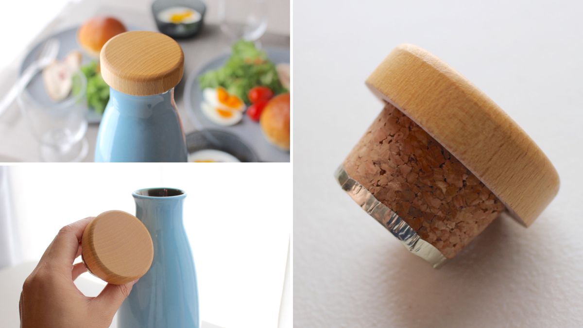 Shigarayaki ware ion bottle with special wooden and cork stopper for tight sealing