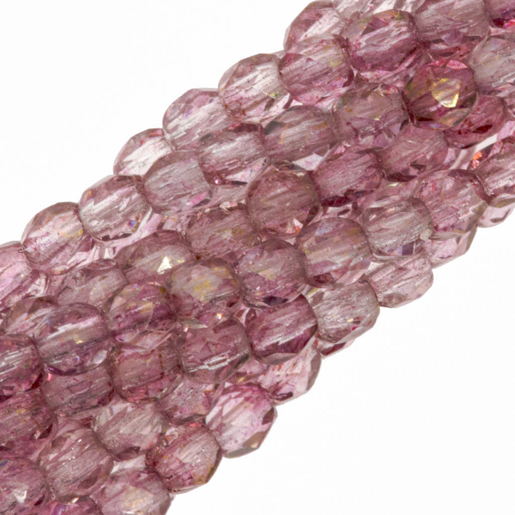 100 Czech Fire Polished 3mm Round Beads Transparent Topaz Pink Luster