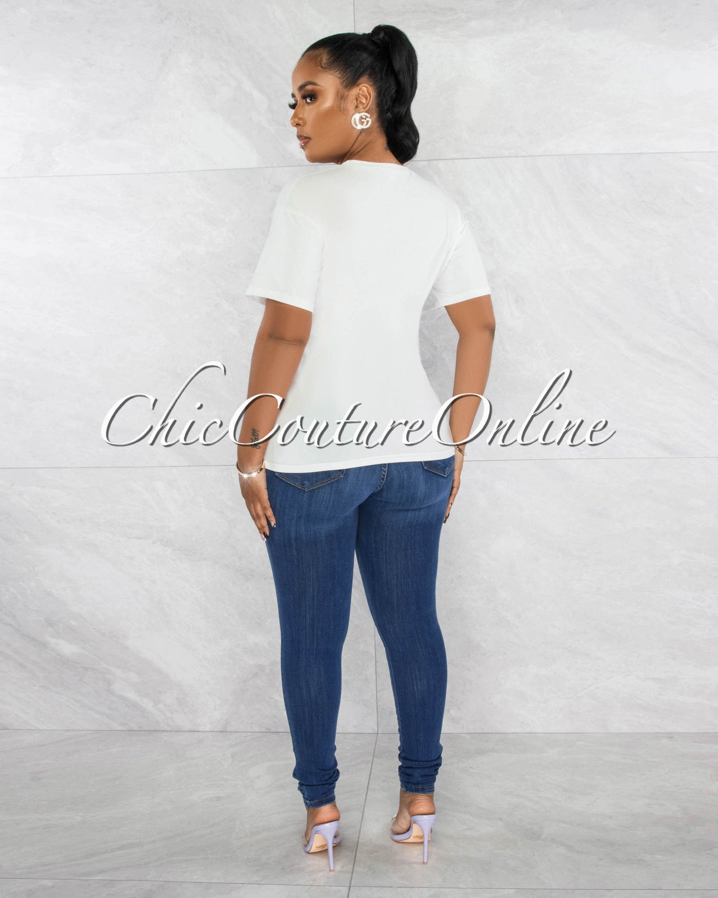 Joelia White Front Graphic Sequins & Pearls T-Shirt