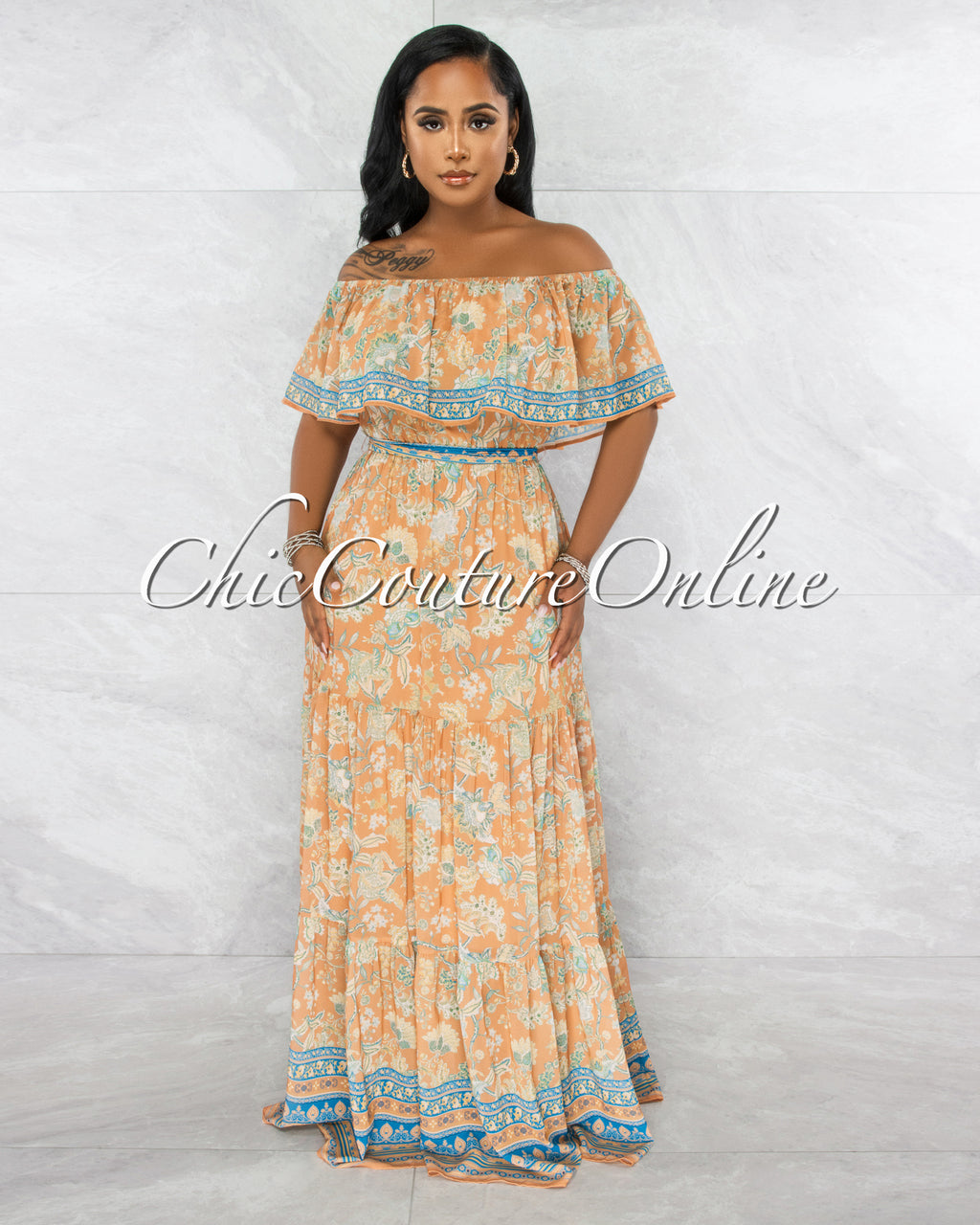 *Rudella Apricot Blue Print Off-The Shoulder Ruffle Maxi Dress – Chic ...