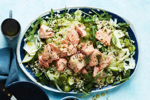 cider poached salmon with grape and rice salad