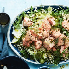 cider poached salmon, grape and rice salad