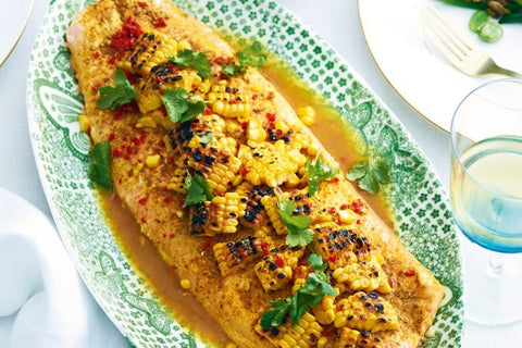 spice baked salmon with corn
