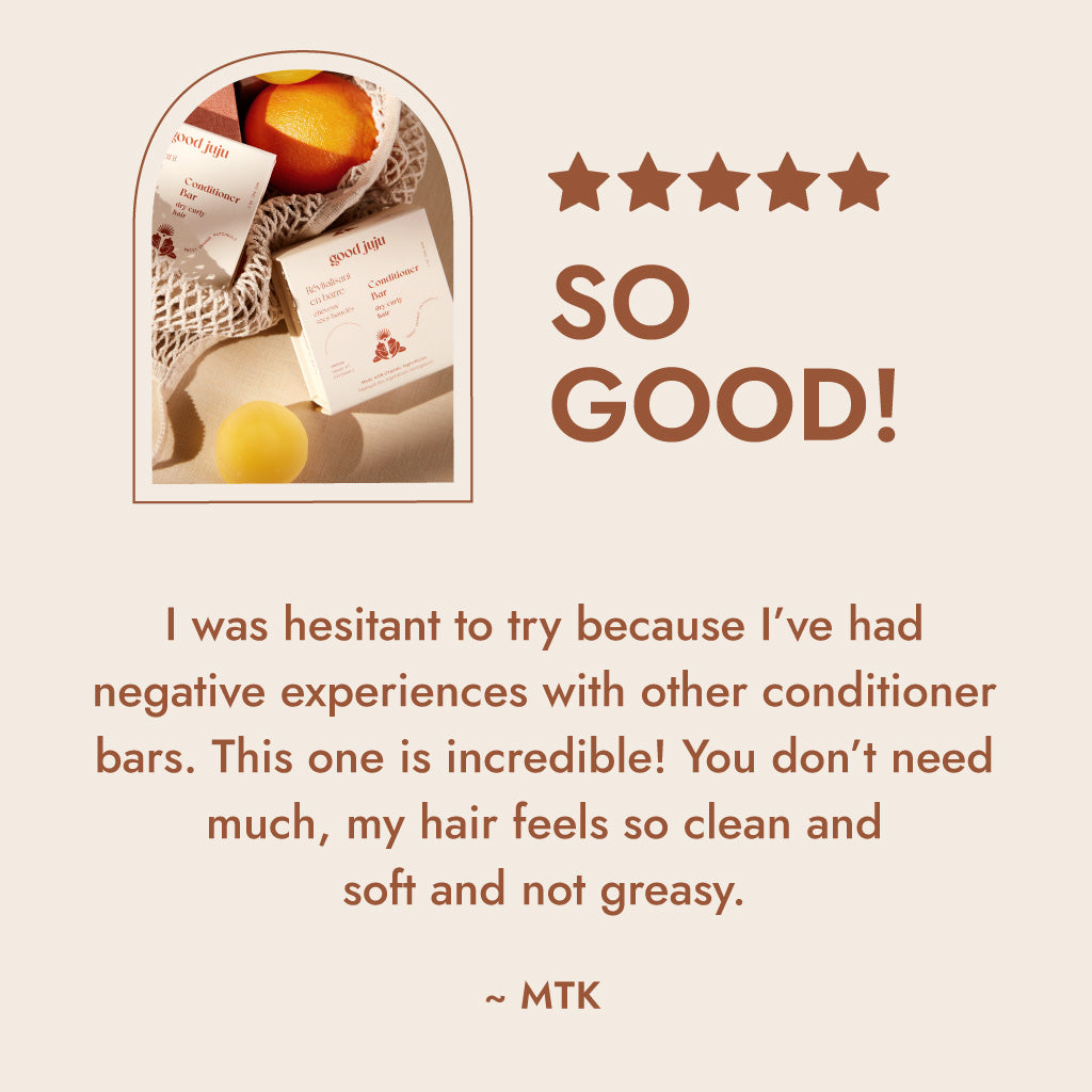 A five-star review for a conditioner bar, describing the product as incredible and effective.