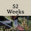 cover of a book saying 52 weeks with a photo of someone's feet wearing grey hand knit socks and lace up brown shoes covering the bottom half of the cover