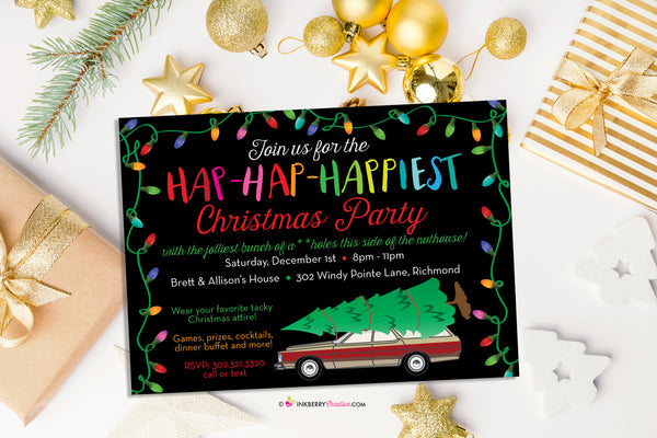 Christmas Vacation movie theme party invitation station wagon tree lights invite