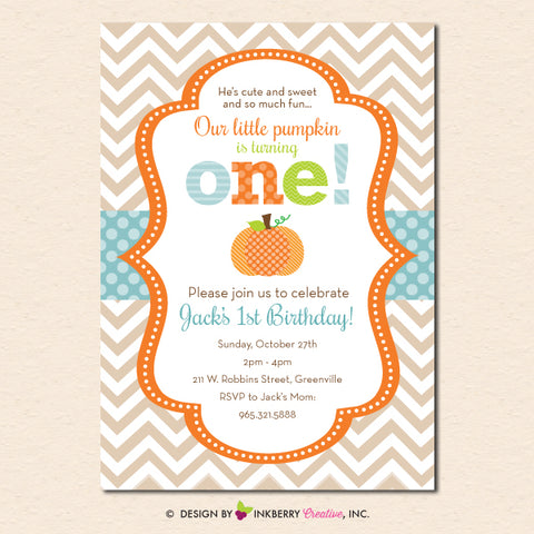 boys pumpkin first birthday invitation