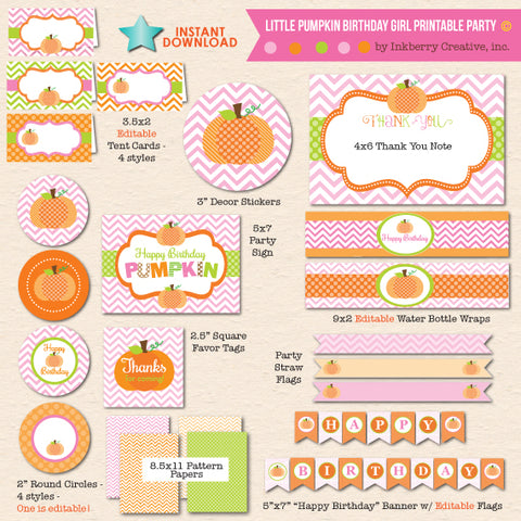 girls pumpkin first birthday printable party