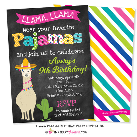 llama llama pajama party invitation - chalkboard style