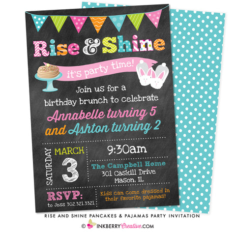 rise and shine breakfast pancakes pajama party invitation