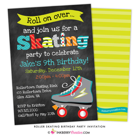 boys roller skating birthday party invitation - chalkboard style