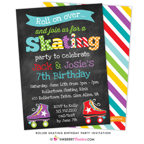 boy girl roller skating birthday party invitation