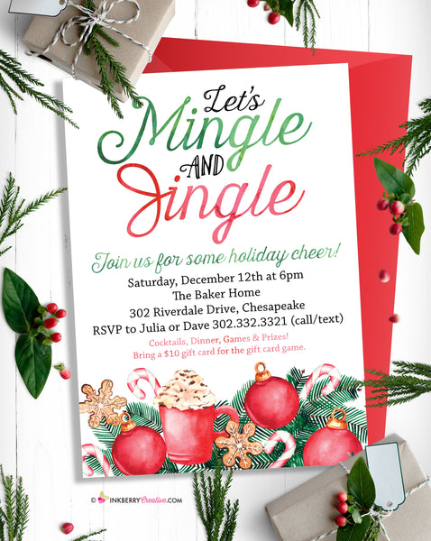 mingle and jingle party invitation watercolor painted holiday party invite