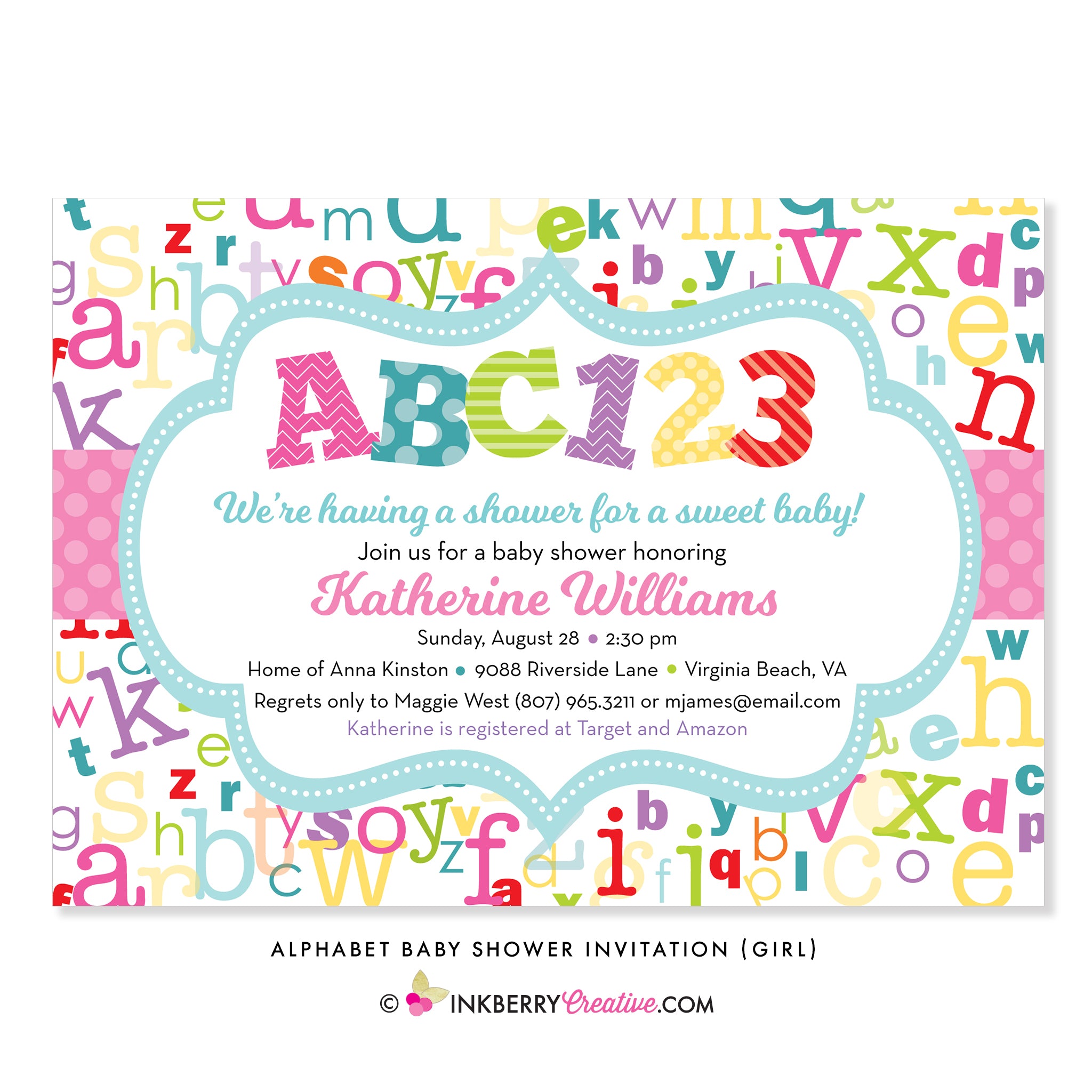 Alphabet ABC Baby Shower Invitation (Girl) Inkberry