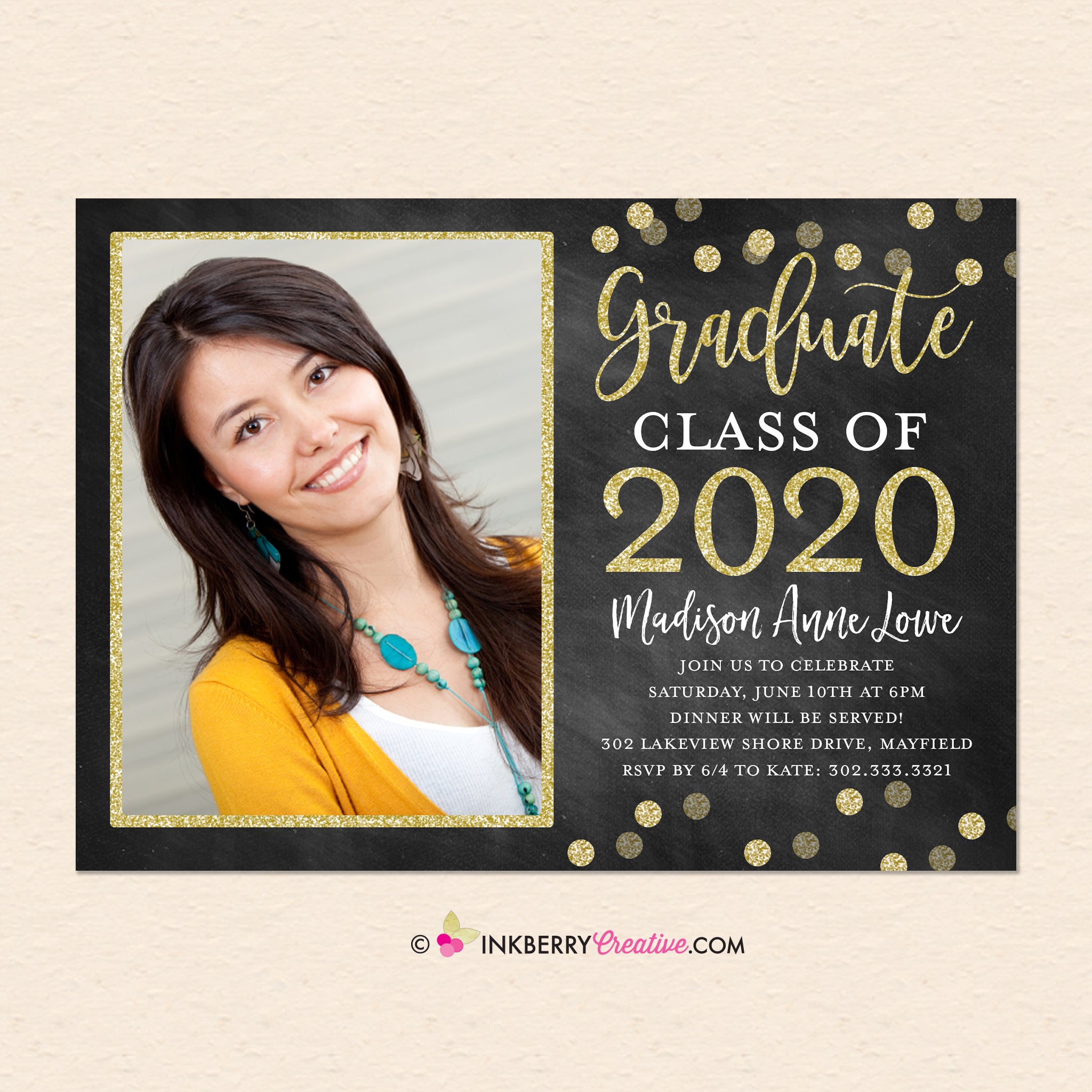 Chalkboard Gold Confetti Graduation Invitation Or Announcement Inkberry Creative Inc