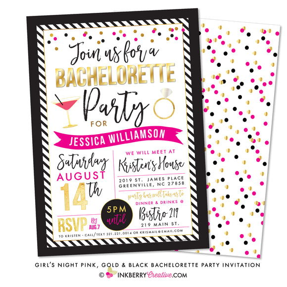 Girl's Night - Pink, Black, Gold Confetti Bachelorette Party Invitatio ...