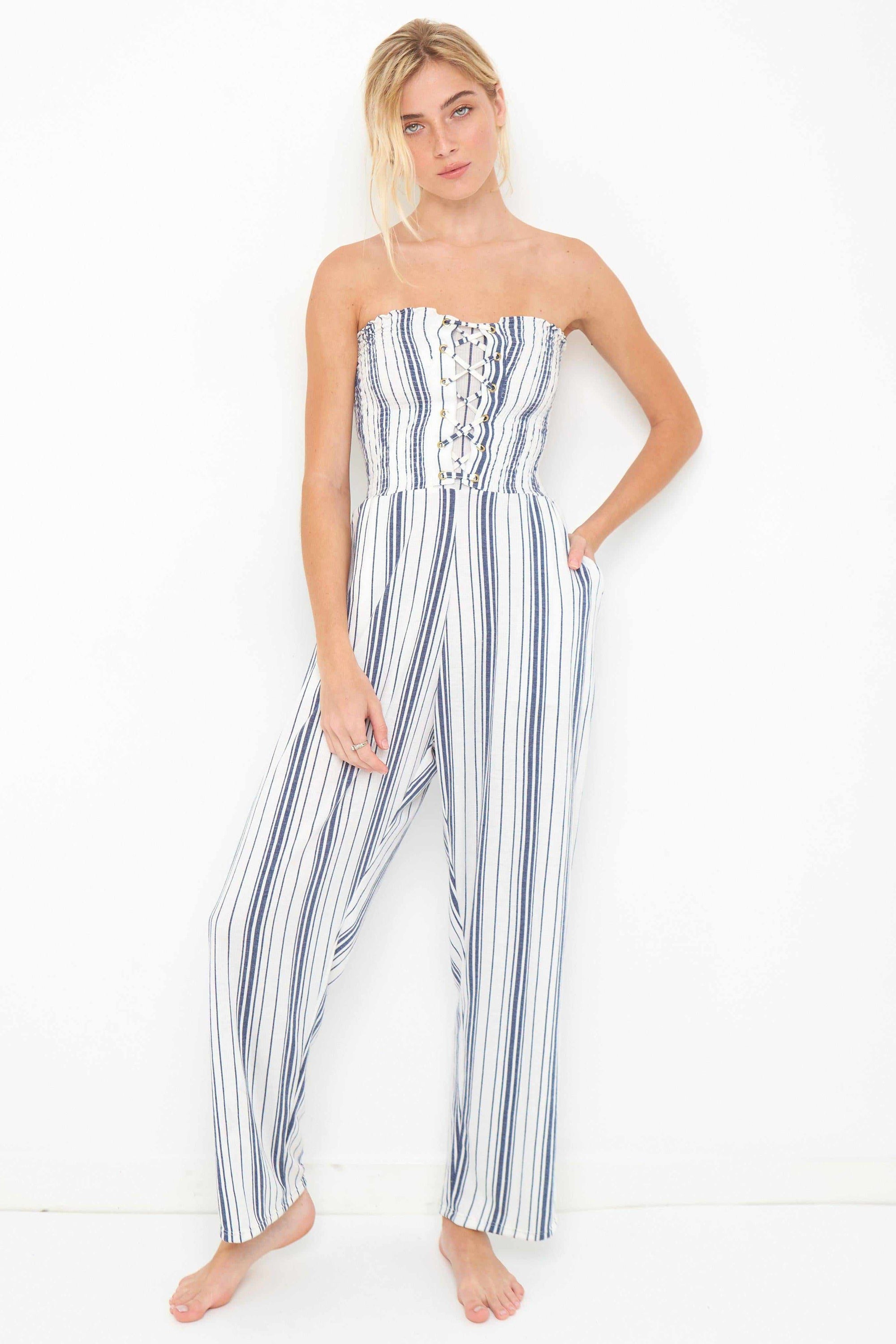 blue and white striped romper