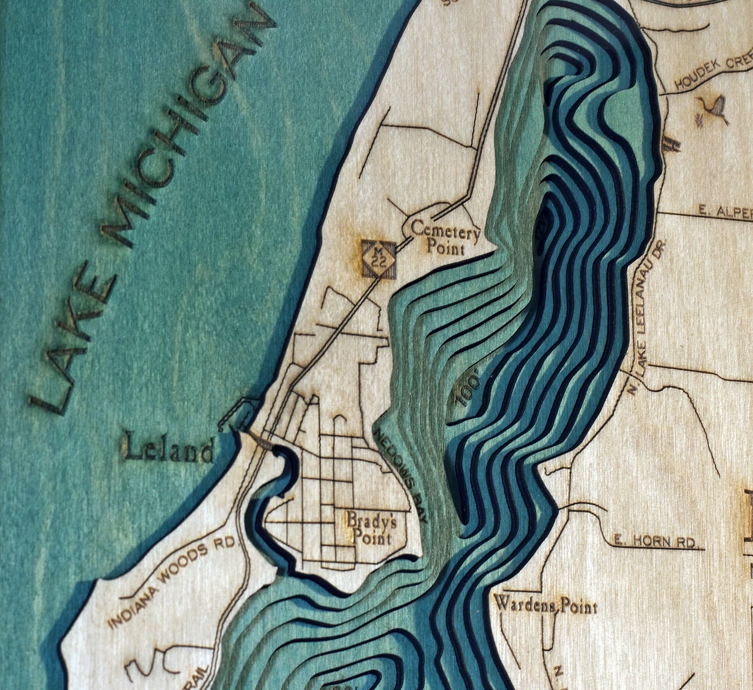 lake leelanau depth map Lake Leelanau Michigan Wood Carved Topographic Depth Chart Map lake leelanau depth map