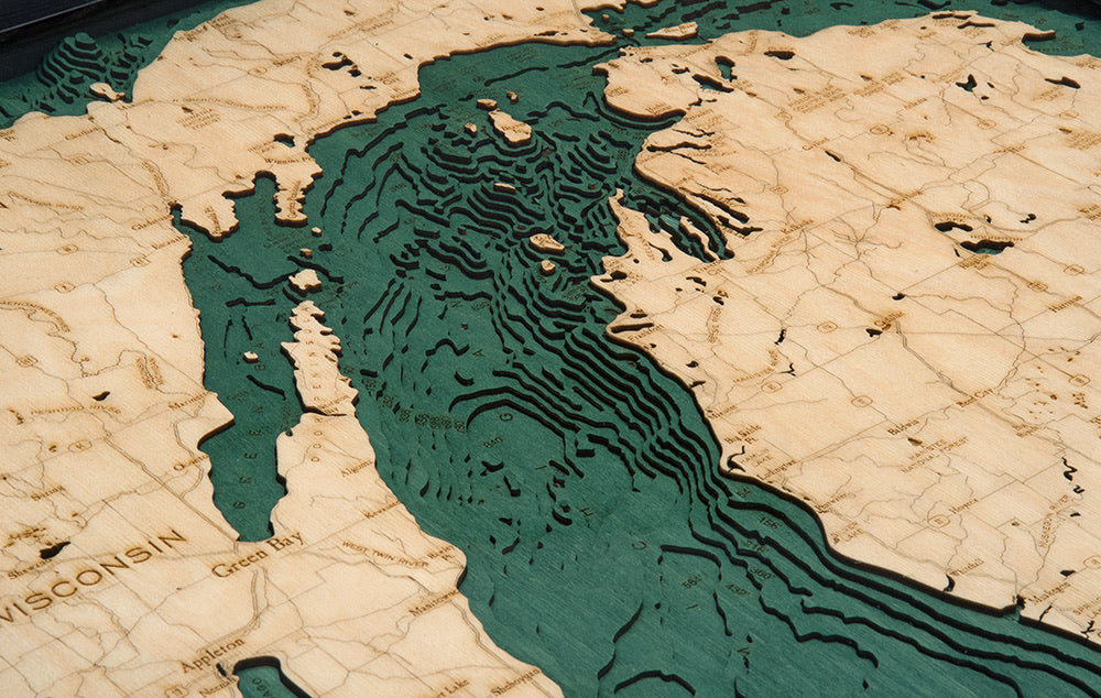 Lake Michigan Wood Carved Topographic Depth Chart / Map