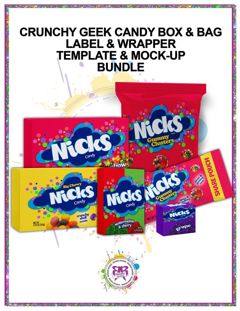 Download Crunchy Geek Candy Box/Bag Label Wrapper Template & Mock-up Bundle - RasaRae Designz