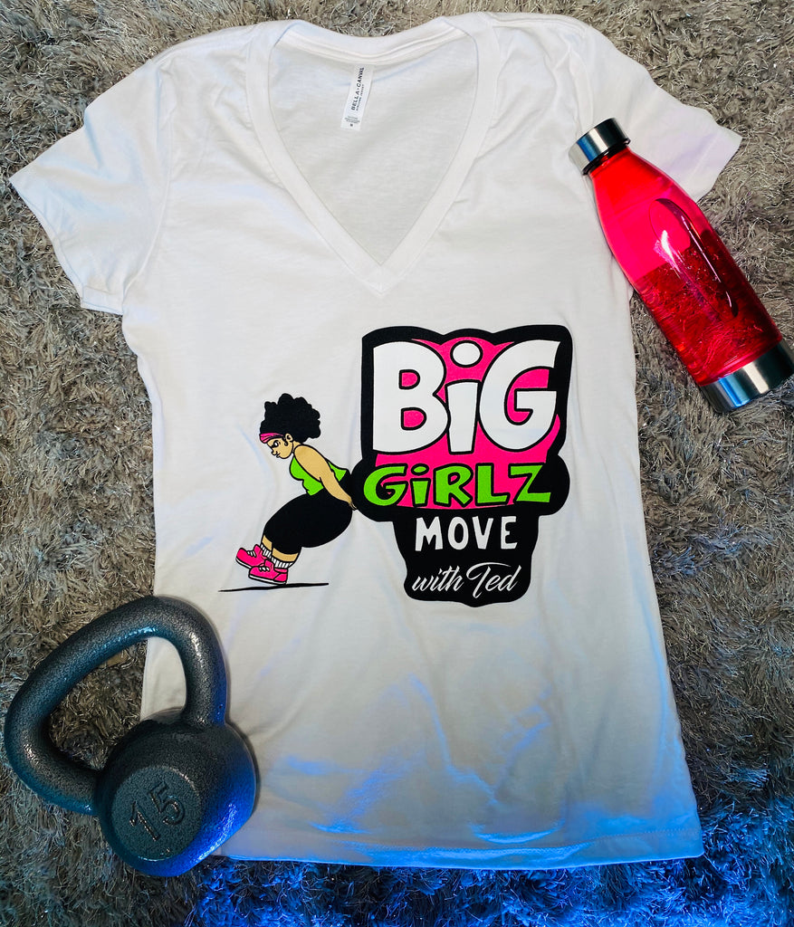 Bgm Ladies Jersey Short Sleeve Deep V Neck White T Shirt Big Girlz Move Gear