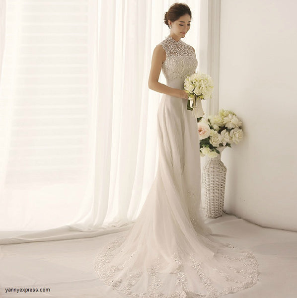 Chinese Wedding Gown Lace Modern Bridal Qipao Sweep Train – YannyExpress