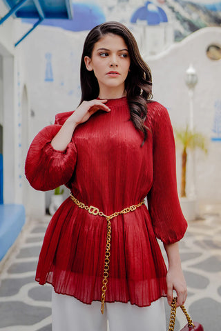blouse polos modern: Benang Jarum Karina Pleated Blouse in Maroon