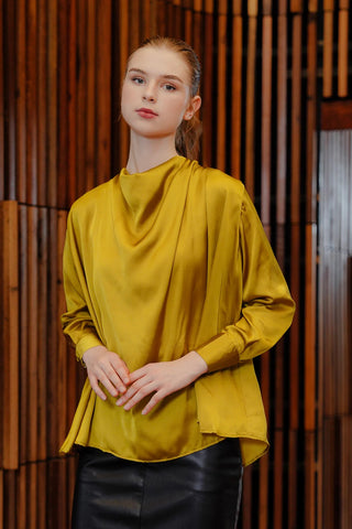 blouse polos modern: Benang Jarum Zena Draperry Blouse in Mustard