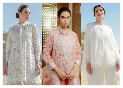 Benang Jarum Couture Ashley Embroidery Shirt in White, Benang Jarum Couture Amelie Embroidery Shirt in White, Benang Jarum Erina Lace Shirt in Peach