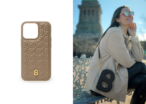 Buttonscarves Luna Phone Case in Nude & Hold Me Phone Bag in Black