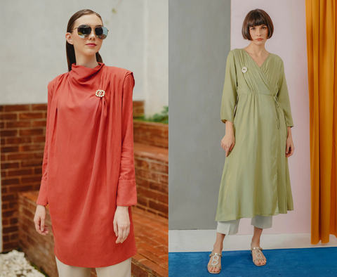 ootd tunik dan celana: Tampil manis dengan tunik warna pastel dan celana beige