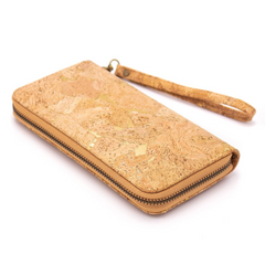 Images of a sustainable cork leather long wallet with zipper closure