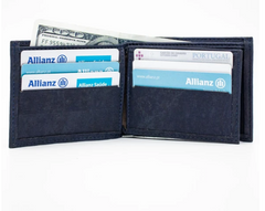 Blue cork leather bi-fold wallet showcasing card compartments