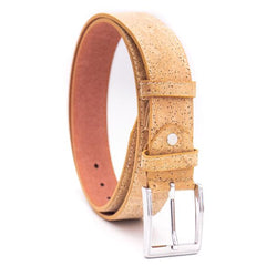 Men's natural cork leather belt with silver buckle made by Corkadia