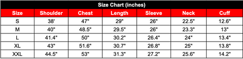 Size chart for Stage 10 Jacket