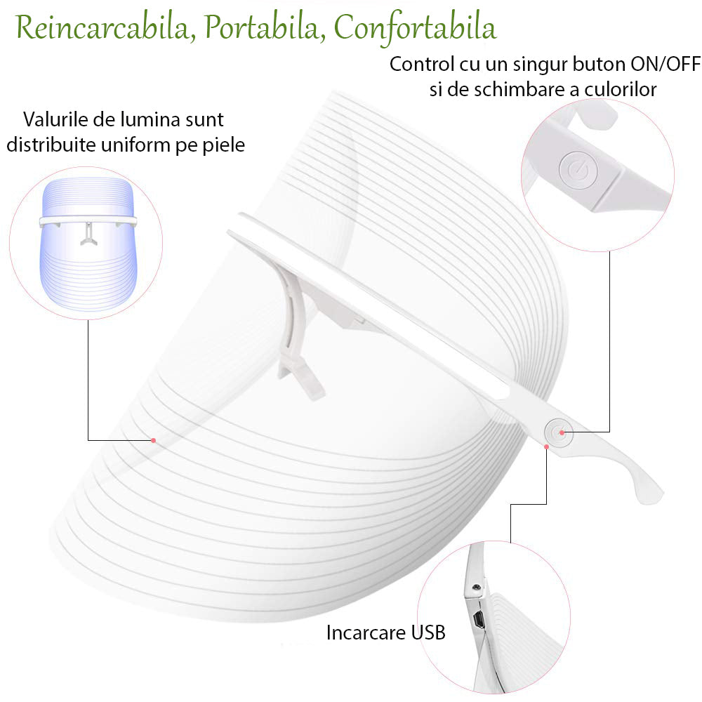 Masca faciala cu LED, dispozitiv de infrumusetare cu 7 lumini fotonice, terapie cu lumina pentru ten