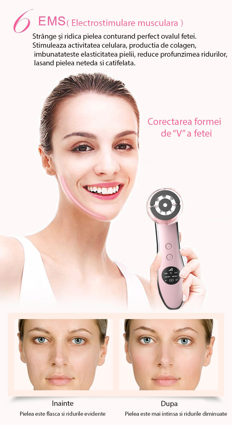 Aparat rejuvenare faciala 6 in 1 Mezoterapie, Radiofrecventa, Terapie fotonica, Vibratii, perfect, lifting, reintinerire, prevenire acnee, antirid, curatare si hidratare ten