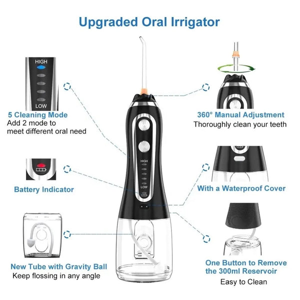 Irigator Bucal Profesional H20floss HF-6, Dus bucal, 5 duze, 5 trepte de presiune, rezervor 300 ml, Negru