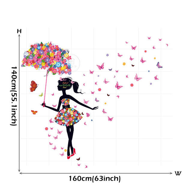 Desenhos animados borboleta fada floral menina com guarda-chuva adesiv –  Papel na Parede
