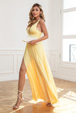 Simple Yellow V-Neck Empire Split Floor-Length Dress