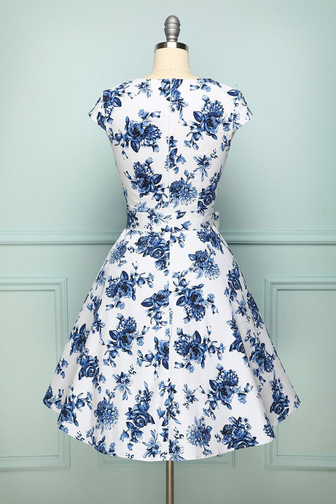 Zapaka Vintage Dress Online Shopping A Line Blue Printed Flower Swing ...